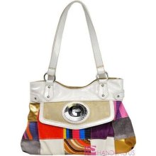 White Signature Jacquard Retro Patchwork Studs Pocket Hobo Handbag Purse Bag