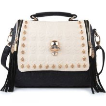 White Vintage Skull Studs Tassel Box Shoulder Crossbody Satchel Tote Bag