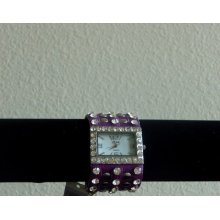 Women Black Purple Silver Rhinestone Rockstar Leather Strap Watch Wristwatch