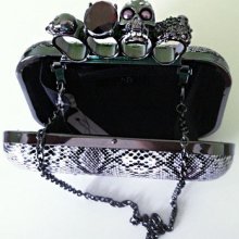 Women Punk Skull & Jewelled Knuckle Ring Clutch. Snake Skin, Party / Evening Bag