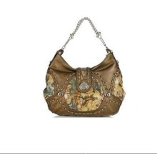 Women's Ladies Genuine Leather Sequine Hobo Bronze Hand Bag Metal Chain Purse