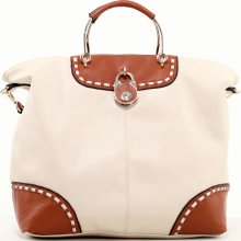 Women's Large Two-Tone Fashion Satchel w/ Bonus Hobo Strap - Cream/Brown