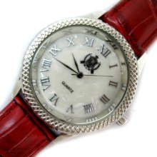 Womens Mother Of Pearl Face Dial Roman Numbers Red Leather Wristwatch Watch