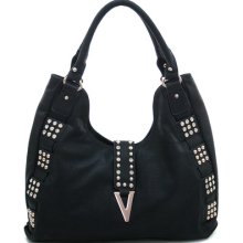 Women's Rhinestone Fashion Hobo Bag W/ Gold Studs & Gold Chevron Accent - Black