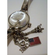 Women's Watch 3 Charms Working Fine Enamel Flag Eiffel Tower I Heart Ny Freeship