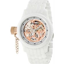 Women's White Ceramic Russian Diver Skeleton Rose Gold Tone Mechanical