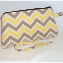 wristlet clutch large in yellow gray chevron with full zipper and detachable wrist strap