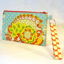 Wristlet Clutch Purse Heather Bailey Fabric Cosmetic Bag Zipper Pouch Key Fob Paisley Sky Blue Red Pop Garden Handmade MTO