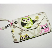 Wristlet iPhone Cell Phone Smartphone Evo Blackberry Droid iPod Purse Horizontal: Owl Print Pink Green