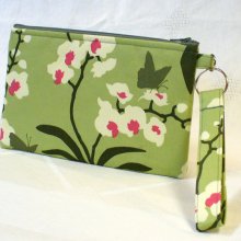 Wristlet Zipper Pouch Clutch Purse Cosmetic Bag Key Fob Joel Dewberry Orchids Celery Green Raspberry Pink Handmade MTO