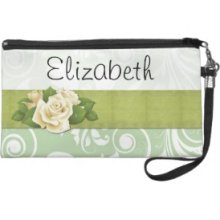Your Name Venetian Damask Green White Wristlet