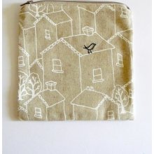 zipper pouch, purse. blue bird and creeping vine embroidery with white houses on taupe sustainable linen cotton blend