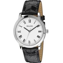Accurist Gents Black Leather Strap With Clear White Dial Ms676wr