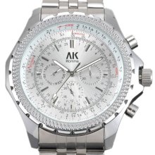 Ak-homme Day&date&24hours Display Mens Silver Stainless Steel Mechanical Watch