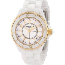 Akribos Xxiv Women Allura Gold Tone White Ceramic Watch Japanese Movement