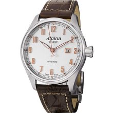 Alpina Mens Aviation Silver Dial Brown Leather Strap Watch Al-525scr4s6