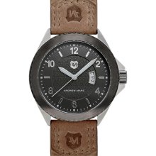 Andrew Marc Watches 'Heritage Roadside' Round Leather Strap Watch Gun Metal / Tan