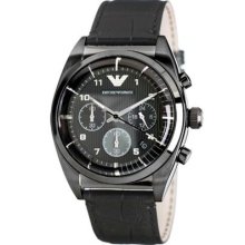 AR0393 Emporio Armani Classic men watch blackout leather 42mm chronograph new