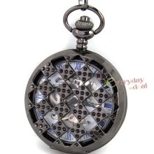 Archaize Steel Skeleton Blue Romen Num Mechanical Pocket Watch Steampunk Chain