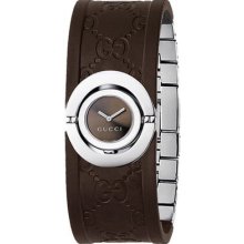 Authentic Gucci Ladies Watch 112 Twirl Silver Brown GG Logo Embossed Bangle Cuff - Brown - Sterling Silver