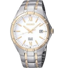 Authentic Men's Seiko Date Solar Watch White Dial Two Tone Sne216p1