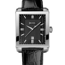BOSS Black Rectangular Leather Strap Watch Black