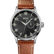 BOSS Black Round Leather Strap Watch Brown