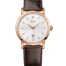 BOSS Black Round Leather Strap Watch Rose Gold/ Brown