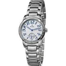 Bulova Ladies Diamond Watch 96r001 Stainless Steel Luminous Hands Blue Markers