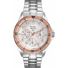 Bulova Ladies Marine Star Stainless Steel Case and Bracelet Silver Dial Day and Date Rose Gold Bezel 96N101