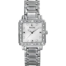 Bulova Ladies Square Stainless Steel Link Bracelet Diamond Mother Of Pearl Dial 96R107