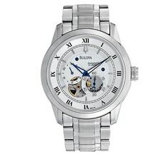 Bulova Men`s Silver Mechanical Watch With Blue Hands & Roman Numerals