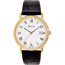 Bulova Mens Leather Strap Watch - Gold Tone - White Dial - Date 97B13