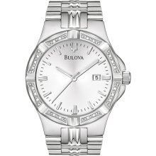 Bulova Men's Stainless Steel Silver Tone Dial Diamond Bezel 96E107