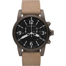 Burberry Mens Tan Leather Strap Black Chronograph Military Watch Bu7809