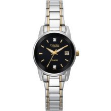 Caravelle Mens Calendar Date Watch w/Black Diamond Accent Dial and Two-Tone Band