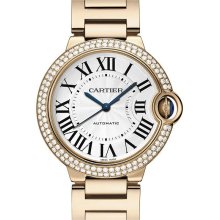 Cartier Ballon Bleu Men's 18k Rose Gold Watch Diamond Bezel MidSize Silver Roman Dial We9005Z3