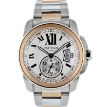 Cartier Calibre Mens 18k Rose Gold Bezel Steel Bracelet Automatic Watch W7100036