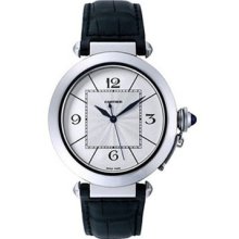 Cartier Pasha Mens 18k White Gold Automatic Watch Leather Strap W3018751