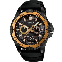 Casio Mens Diver Style Calendar Day/Date Watch w/GT/Black Case, Multi-Display Dial and Black Band