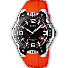 Casio Mtr-102-1A5vef Gents Watch Quartz Analogue Black Dial Orange Resin Strap