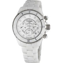 Chanel J12 White Ceramic Diamond Dial Chronograph Mens Watch H2009