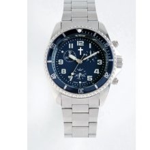 Chronograph Watch with Cross, Metal Band and Blue Dial