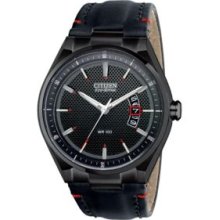 Citizen Eco-Drive Black Ion Plated Leather Band Mens Watch AW1135-01E