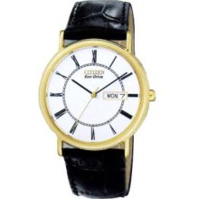Citizen Gents Classic Gold Tone Case with Black Leather Strap Eco-Drive BM8242-16A Watch