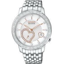 Citizen Ladies Eco-Drive Stainless Steel Case and Bracelet Diamond Accents Heart Shaped Sub-Dial Date Display EV1000-58A