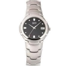 Citizen Mens $250 Silver Ss Elegance Dress Watch W/ Black Dial Date Bi0120-58e
