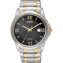 Citizen Men's Eco-Drive Two Tone Stainless Steel Case and Bracelet Black Dial Date Display BM7264-51E