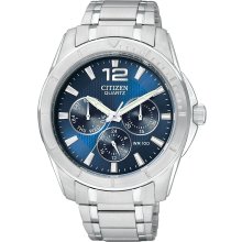 Citizen Quartz Mens Chronograph Stainless Watch - Silver Bracelet - Blue Dial - AG8300-52L