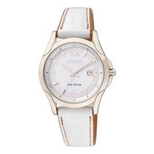 Citizen Sapphire Eco-drive Gold Tone White Leather Ladies Watch Ew1782-04b